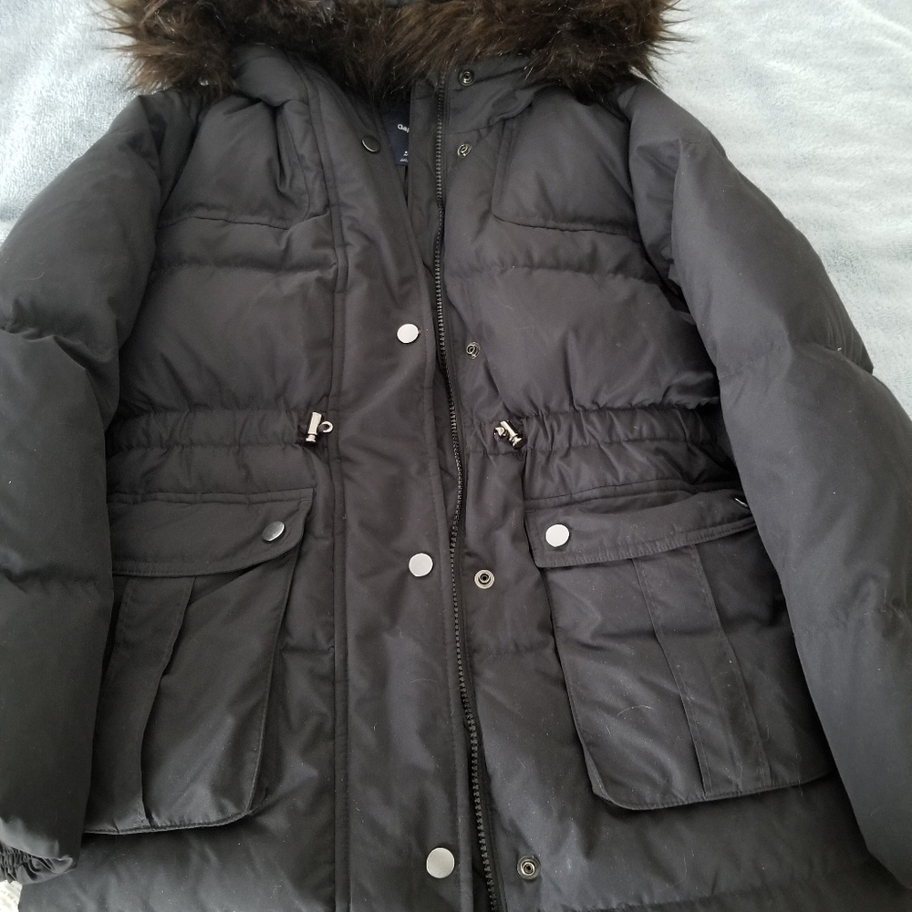 Gap kids long black coat fur lined hood. Xl